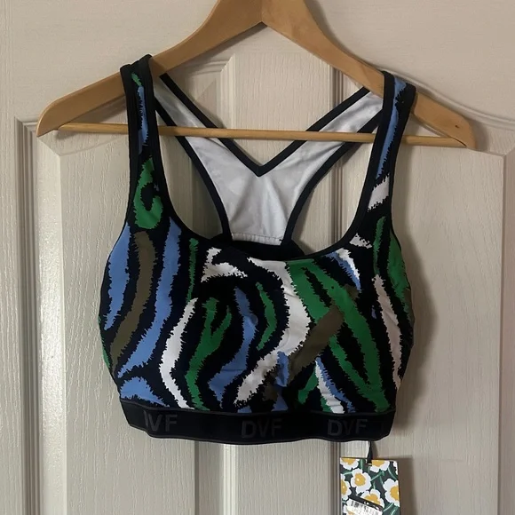 156 Diane Von Furstenberg Blue and Green Patterned Sports Bra XL - Picture 1 of 3
